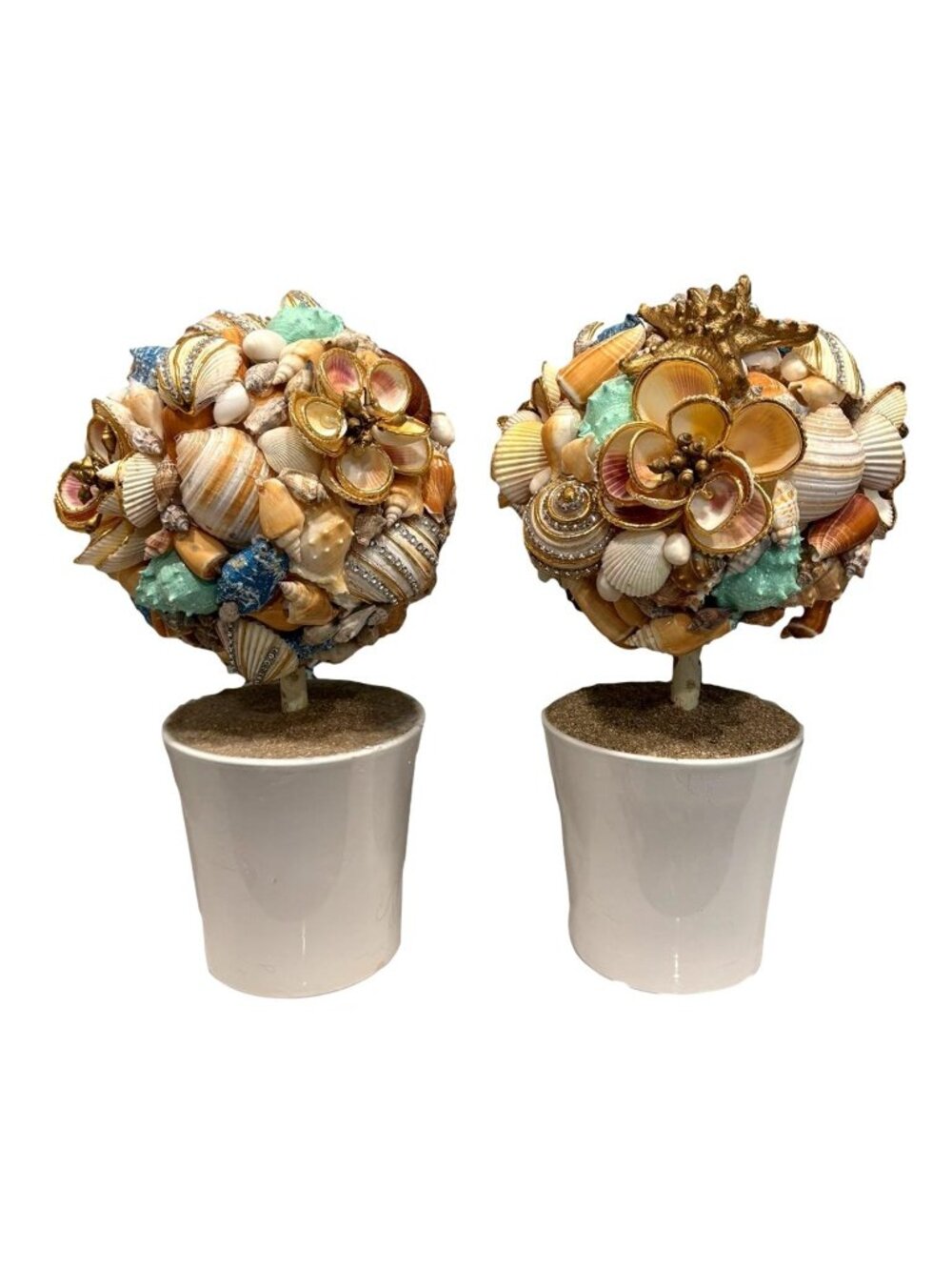 Pair Handmade Seashell Topiary Trees Coastal Decor Palm Beach Chic Centerpiece